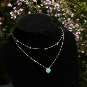 TURKEY 925 Sliver Necklace Layered Gold Tone CZ blue Circle Pendant Choker